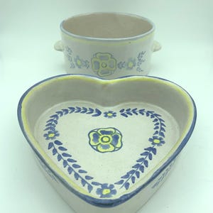 Vintage 2-Piece Guy Stefan Romano Amnion Algarve Hand Painted Clay Pottery Includes Heart Shaped Cake Serving Dish And Handled Souffle Dish