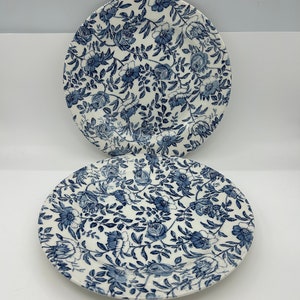 Set Of Two Vintage Churchill Blue Peony Pattern Blue And White Floral Chintz Transferware 10" Smooth Rimmed Dinner Plates Made In England