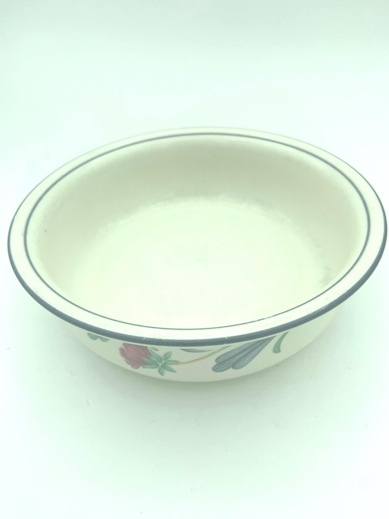 Puede incluir: Un cuenco redondo de cer&aacute;mica color blanco roto con un borde fino gris oscuro. El exterior del cuenco est&aacute; decorado con un patr&oacute;n floral que consiste en una flor rosa con hojas verdes y un dise&ntilde;o de hoja azul estilizada cerca de la base.