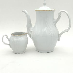 2-Piece Concordia Lesov Czech Republic Fine Bohemian Porcelain Bernadette White And Gold Coffee Tea Set Includes 5 Cup Coffee Pot & Creamer
