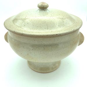 May include: A round, off-white ceramic lidded tureen featuring a speckled texture throughout the surface. The vessel has a pedestal base, two small side handles, and a matching lid with a central knob handle, all finished in a smooth glaze.