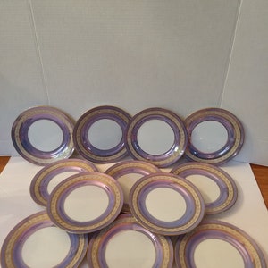 Set Of 12 Vintage Noritake "M" Morimura #33900 Made In Japan Hand Painted Blue Luster With Raised Gold Laurel Band 7" Salad Dessert Plates