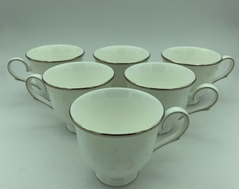 Set Of Six Lenox Classics Collection Fine Bone China Opal Innocence Scroll 6 Ounce Footed Teacups Coffee Cups With Platinum Trim