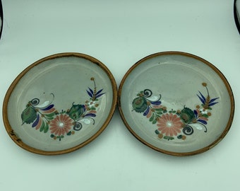 Set Of Two Hand Painted And Signed J. Campe Mexico Mexican Folk Art Decorative Floral Stoneware Rimmed Pottery 8 Inch Salad Dessert Plates