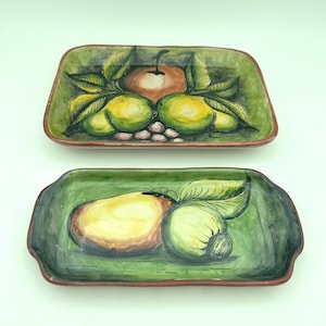 Mayolica Contreras Hand Painted Mexican Pottery 2-Piece Decorative Fruits Motif Small Rectangular Tray Dish Set Hecho En Mexico