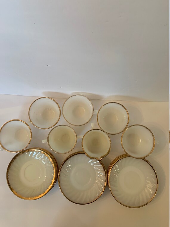 Vintage 1950s Fire King Swirl Anniversary Milk Glass Dishes with Gold Gilt Trim Vintage 1950s Fire King Swirl Anniversary Milk Glass Dishes with Gold Gilt Trim