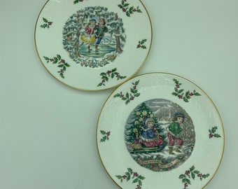 Set Of Two Vintage Royal Doulton Tableware Annual Victorian Christmas 8" Collectible Plates Includes 1977 Ice Skaters And 1979 Sleigh Ride