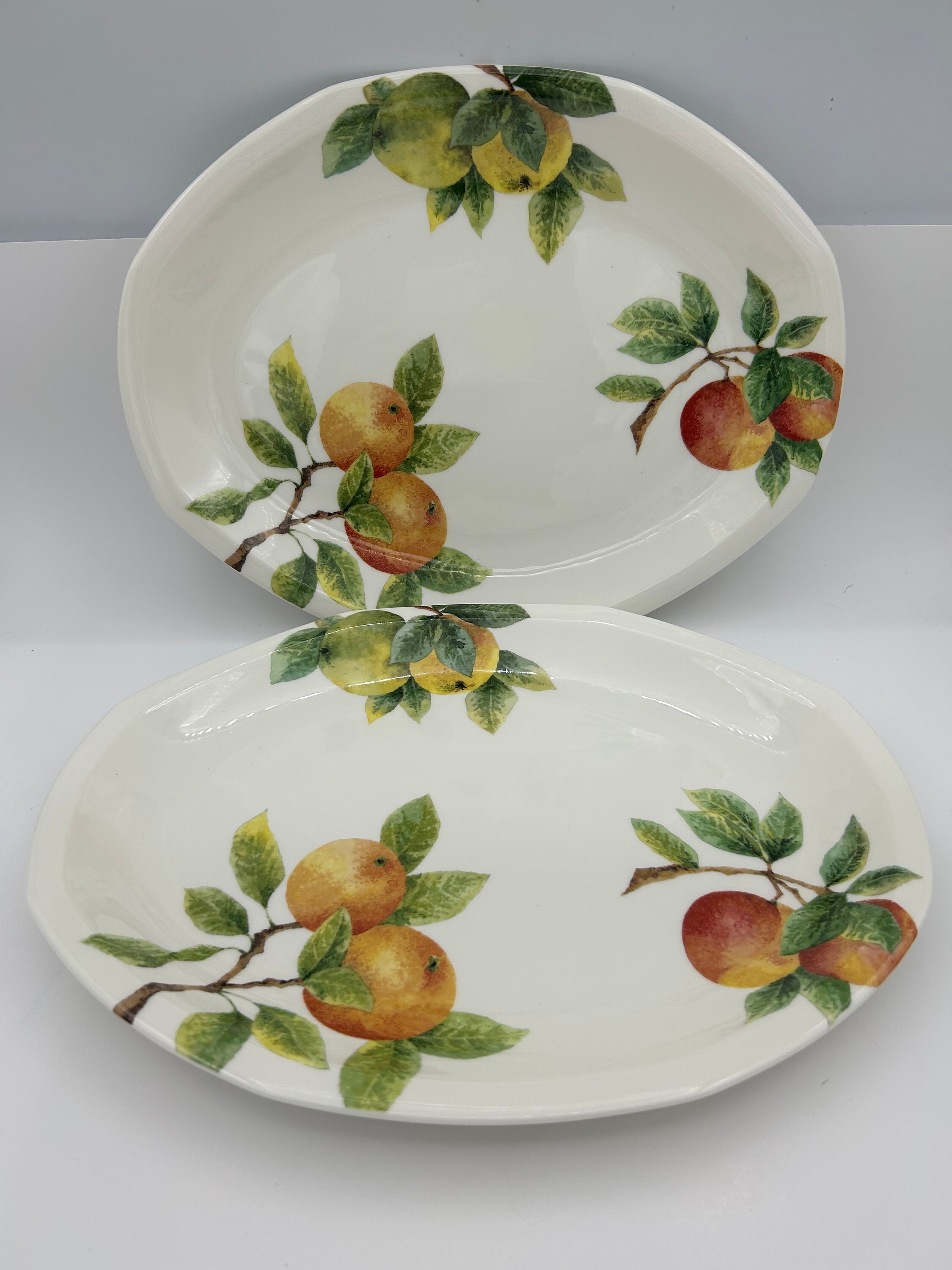 Two Vintage 1994 Royal Doulton Everyday Fine China Citrus Grove Pattern #TC1192 Oranges On Trees Octagonal 13" Oval Serving Platter Dish