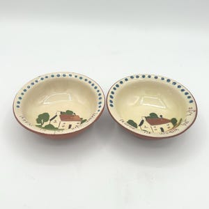 Vintage 2-Piece Watcombe Devon Motto Ware Torquay England Art Pottery Small 4" Nut Sauce  Dessert Bowl Set With Cottage Motif & Inscriptions