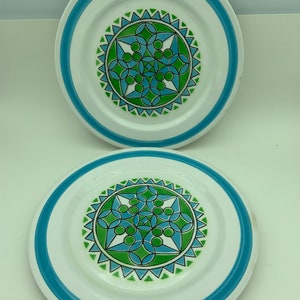Set Of Two Vintage Mikasa Mediterrania Flight Pattern #4062-BL Mid Century Modern Design Geometric Blue And Green Rimmed 10&quot; Dinner Plates