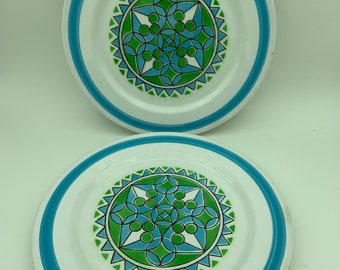 Set Of Two Vintage Mikasa Mediterrania Flight Pattern #4062-BL Mid Century Modern Design Geometric Blue And Green Rimmed 10&quot; Dinner Plates