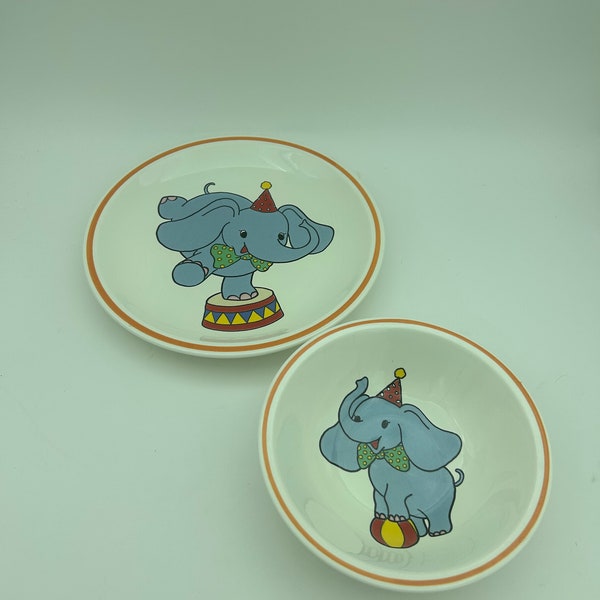 Vintage 2-Piece Studio Nova Super Star #CD001 Circus Elephant Child's Dinnerware Set Includes Luncheon Salad Plate And Cereal Soup Bowl