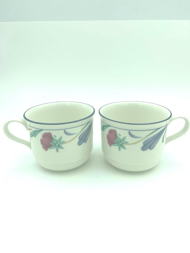 Puede incluir: Dos tazas de cer&aacute;mica color blanco hueso con un delicado patr&oacute;n floral de p&eacute;talos rojos y azules, hojas verdes y l&iacute;neas azules finas. Cada taza tiene un asa curva y un cuerpo redondeado, mostrando un dise&ntilde;o consistente en ambas.
