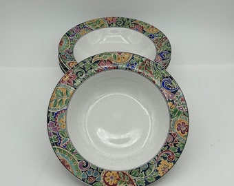 Four Vintage Christopher Stuart Paisley Mural Pattern #Y2230 Multicolor Floral Paisley 8" Stoneware Rimmed Soup Bowls Designed By Jenny Faw