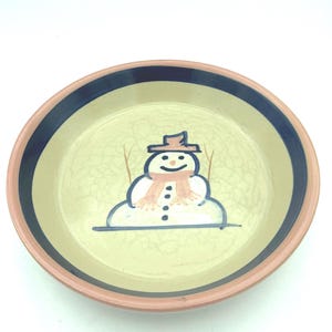 Vintage Handmade Robinson Ransbottom Pottery R.R.P. Co Roseville Ohio Winter Snowman Art Pottery 9" Deep Dish Pie Plate Quiche Baking Dish