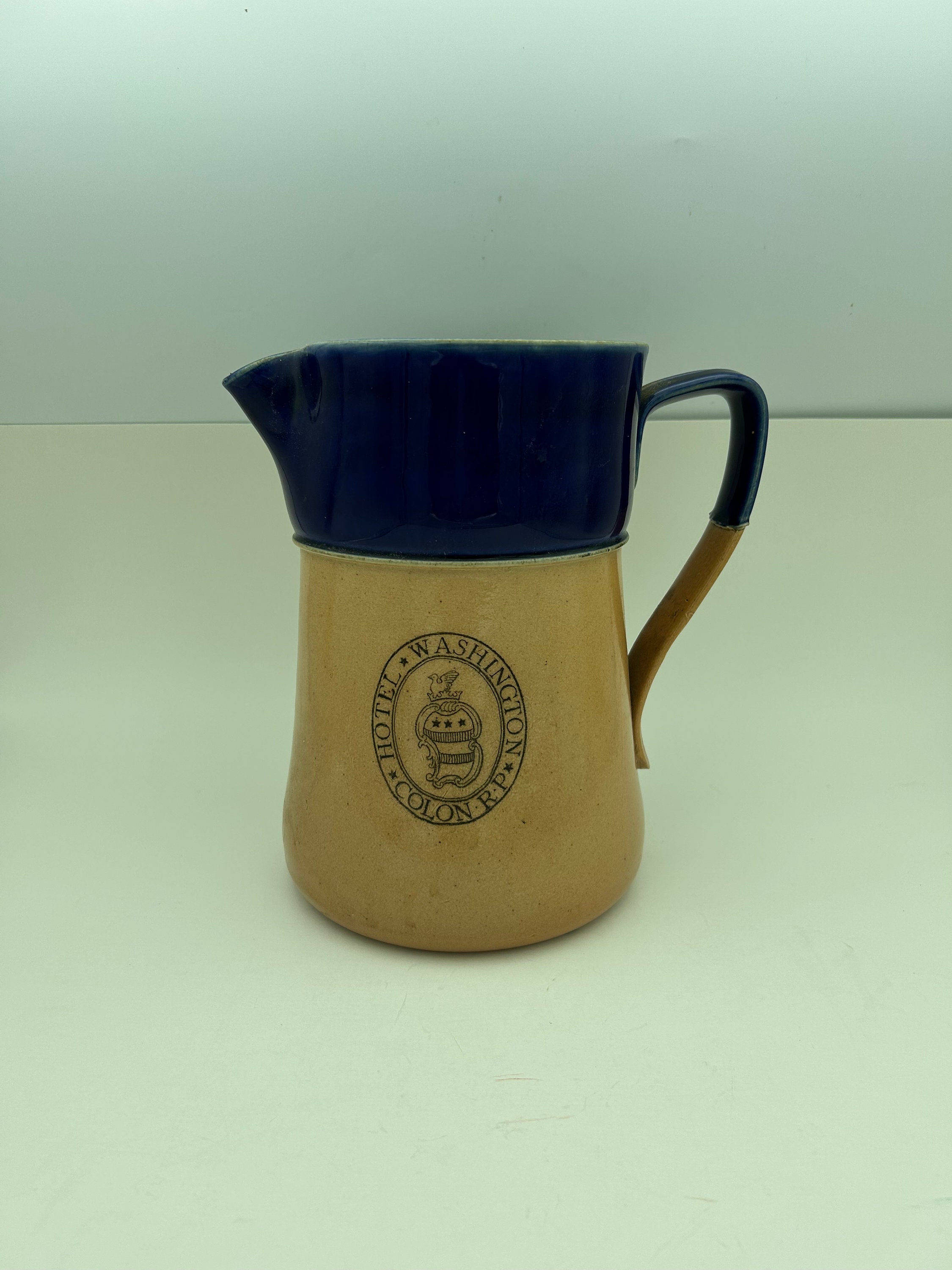 Vintage Royal Doulton England Hotel Washington Colon Panama Advertising Ware Large 9 Cup Blue And Tan Glazed Stoneware Pitcher Water Jug