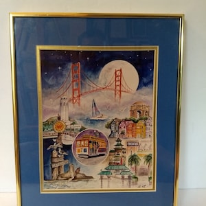 Vintage 1995 San Francisco Collage By Sherry H. Fong Signed & Numbered 11&quot; X 14&quot; Framed Lithograph Wall Art With Certificate Of Authenticity