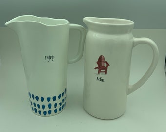 Set Of Two Rae Dunn Artisan Collection By Magenta 48 Ounce Water Beverage Pitchers Carafes Includes Ceramic "Relax" And Melamine "Enjoy"