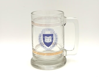 Vintage Yale University Bulldogs New Haven Connecticut 14 Ounce Glass Beer Stein Tankard Large Mug With Coat Of Arms And Gold Greek Key Trim
