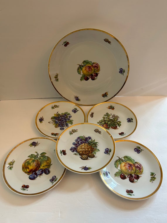 Vintage 6-Piece Kahla Germany GDR Gold Trimmed Fruits And Nuts 