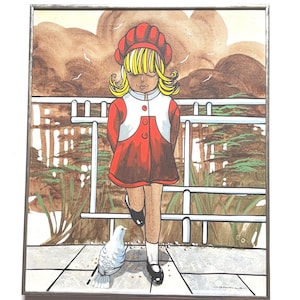 Vintage M. Q. Michael Quincy Rothwell Signed Original Modernist Artwork Young Blonde Girl With Pigeon 23" X  19" Framed  Painting On Canvas