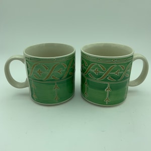 Set Of Two Vintage Hand Painted Sango Camille Pattern #6132 Green With Carved Tan Details 10 Ounce Coffee Cups Mugs Teacups