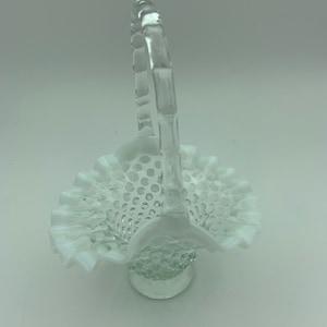 Vintage Fenton Art Glass Hobnail Opalescent Clear And Pale Blue Frosted Glass Small 6 Inch Decorative Basket With Clear Bamboo Style Handle
