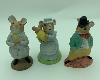 Three Vintage 1985 Reco Dolli Tingle Mousetown USA Collection Mouse Figurines Includes Nanny Nursemaid, Count De Monnaise & Fun Loving Sam
