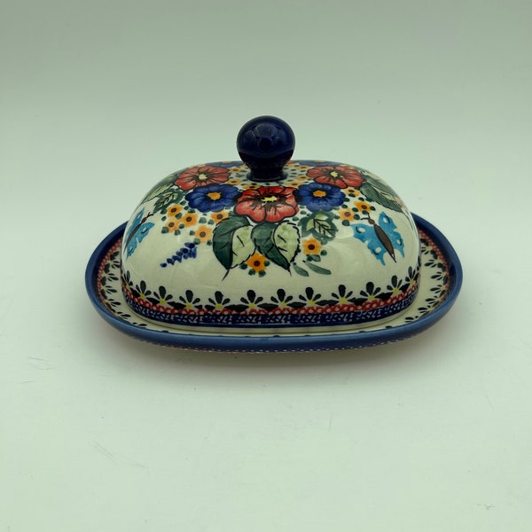 Zaklady Ceramiczne Unikat Boleslawiec Poland Hand Painted And Signed Polish Stoneware Pottery Butterfly And Floral 7" Covered Butter Dish