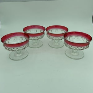 Set Of Four Vintage Indiana Glass Kings Crown Oval Thumbprint Pattern Cranberry Red Flashed Glass 3&quot; Low Compote Sherbert Dessert Glasses