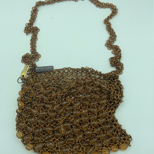 Bottega Veneta Made In Italy Designer Copper Chain And Woven Bead Cross Body Shoulder Handbag Evening Purse With Original Tags