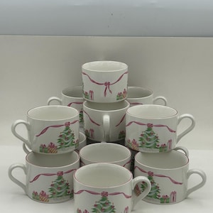 Set Of Twelve Vintage Sango Home For Christmas Pattern #4829 Festive Christmas Tree Motif 8 Ounce Flat Coffee Cups Teacups