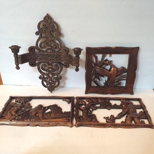 Set of Four Vintage Dart Ind Coppercraft Guild Molded Plastic 3-D Wall Decor Plaques Includes Wall Sconce, Duck, Hunter And Fisherman Scenes