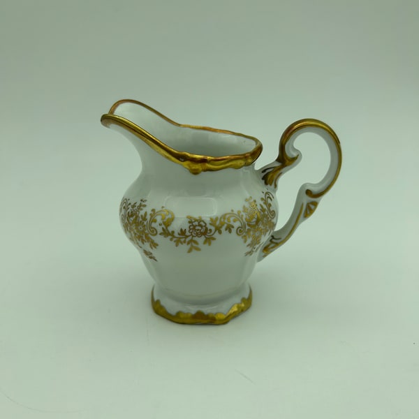 Vintage Weimar Porzellan Germany Katharina Shape Pattern #14051 White Porcelain 6 Ounce Creamer With Gold Gilt Flowers, Leaves, Vines & Trim