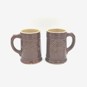 Set Of Two Vintage Sweet Adeline Brown Glazed Unmarked 12 Ounce Stoneware Pottery Beer Steins Tankards Large Mugs