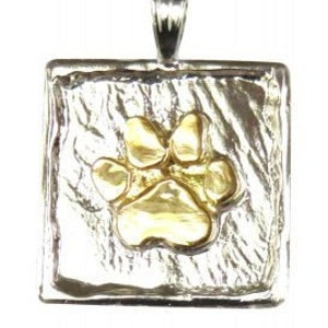 14K Yellow Gold Paw on Hand Made Sterling Silver Textured Square Charm or Pendant