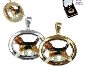 Beagle draven met gepersonaliseerde emaille kunstwerken in 14K goud of sterling zilver smalle ovale sieraden, charme, hanger, ketting, gedenkteken