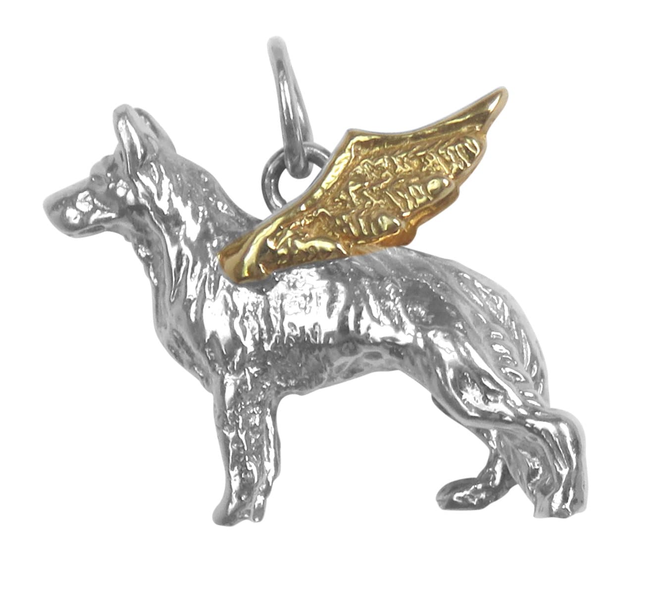 German Shepherd Angel Dog with Wings in 14K Gold, Sterling, or Combo - Memorial German Shepherd Charm with Angel Wings