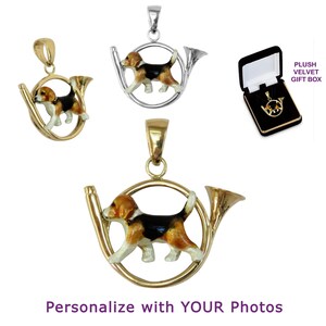 Beagle in Hunting Horn with Personalized Enamel Artwork in 14K Gold or Sterling Silver Jewelry, Charm, Pendant, Necklace, Memorial