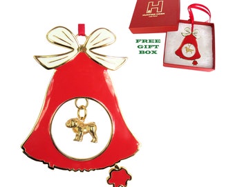 Bulldog Exclusive Gold Plated Bronze Christmas Holiday Bell Ornament Decoration Gift with Optional Personalized Engraving