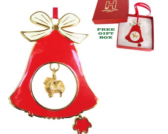 Pomeranian Exclusive Gold Plated Bronze Christmas Holiday Bell Ornament Decoration Gift with Optional Personalized Engraving