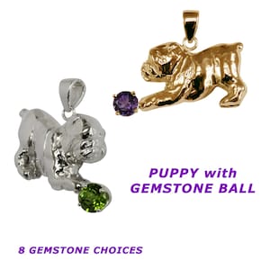 Bulldog Puppy with Gemstone Ball  in 14K Gold or Sterling Silver Charm, Pendant, Necklace