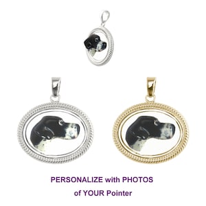 May include: Two oval-shaped pendants with a black and white dog head image inside. The pendants are silver and gold. The text "PERSONALIZE with PHOTOS of YOUR Pointer" is below the pendants.