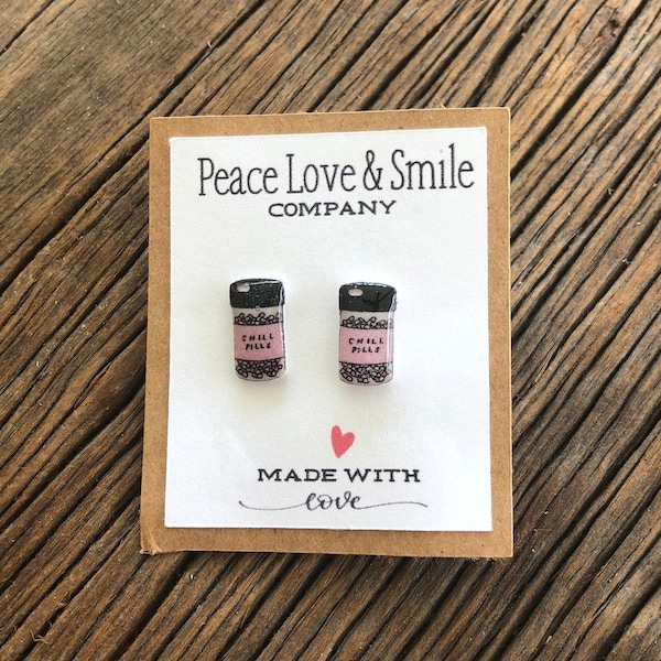 Chill Pills Earrings Stud Earrings Pills Jewelry RX Prescription Pill Bottle Smiley Face Jewelry Happy Face Accessories 90s Grunge Gift Idea