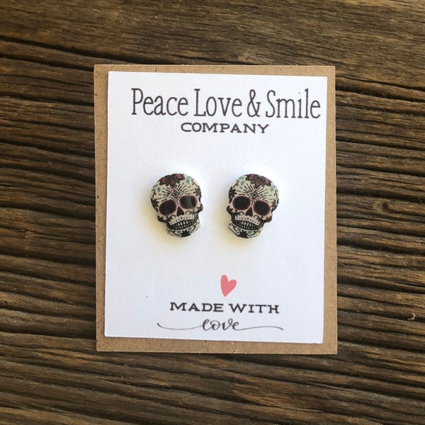 Mexican Sugar Skull Earrings Skull Stud Earrings Post Skull Jewelry Skull Gift Calavera Day Of The Dead El Dia De Los Muertos 50s Rockabilly