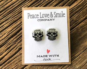 Mexican Sugar Skull Earrings Skull Stud Earrings Post Skull Jewelry Skull Gift Calavera Day Of The Dead El Dia De Los Muertos 50s Rockabilly