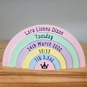 New Baby Girl Birth Gift Rainbow Stacker, Wooden Nursery Decor, Childrens Bedroom Pastels Rainbow