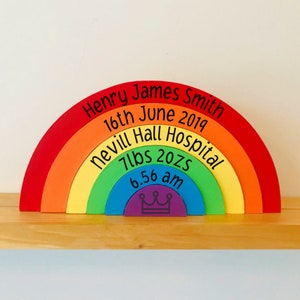 New Baby Girl Birth Gift Rainbow Stacker, Wooden Nursery Decor, Childrens Bedroom Bright Rainbow