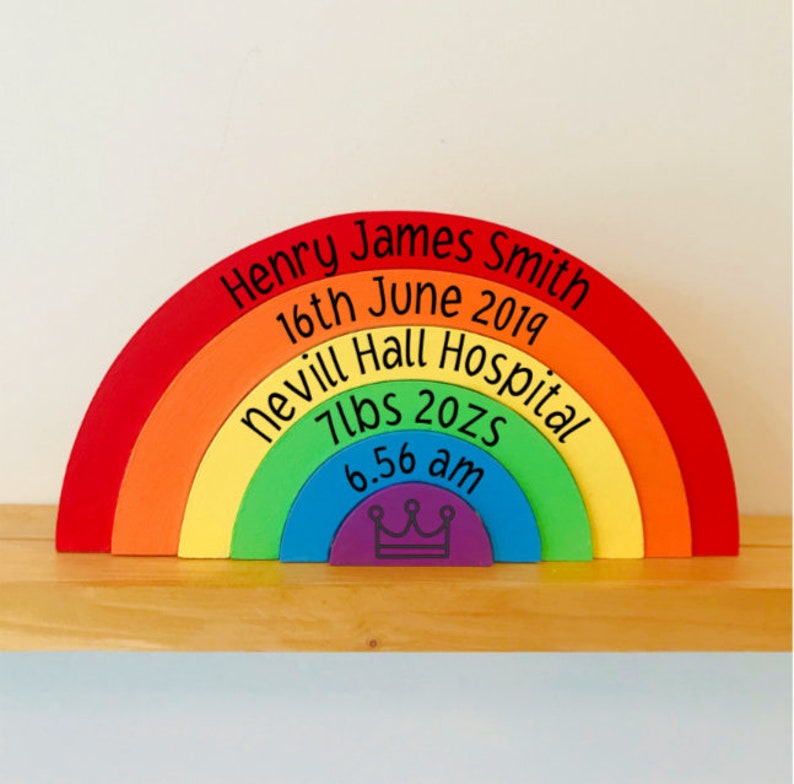 New Baby Girl Birth Gift Rainbow Stacker, Wooden Nursery Decor, Childrens Bedroom Bright Rainbow