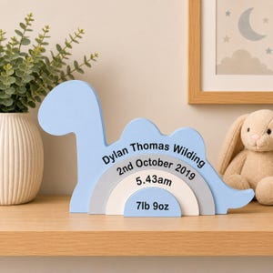May include: A light blue dinosaur-shaped wooden plaque featuring a layered rainbow design. The text reads: Dylan Thomas Wilding, 2nd October 2019, 5.43am, and 7lb 9oz. The object is a decorative keepsake with a smooth finish and black lettering.